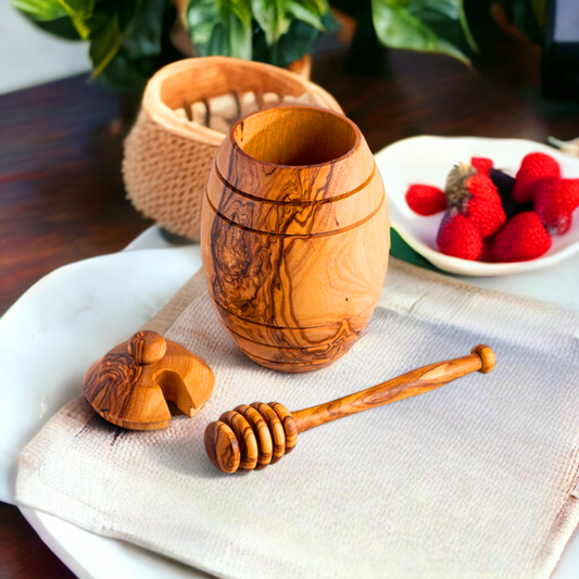 Handmade Olive Wood honey Pot Jar with Dipper Spoon