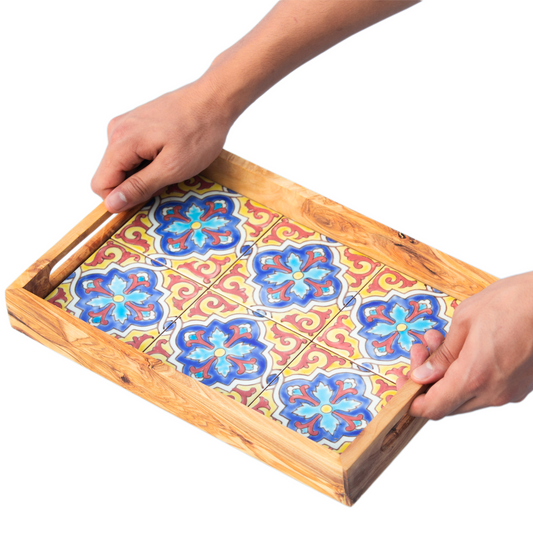 Large olive wood Serving Tray with Ergonomic Handles, (Alhambra Design)
