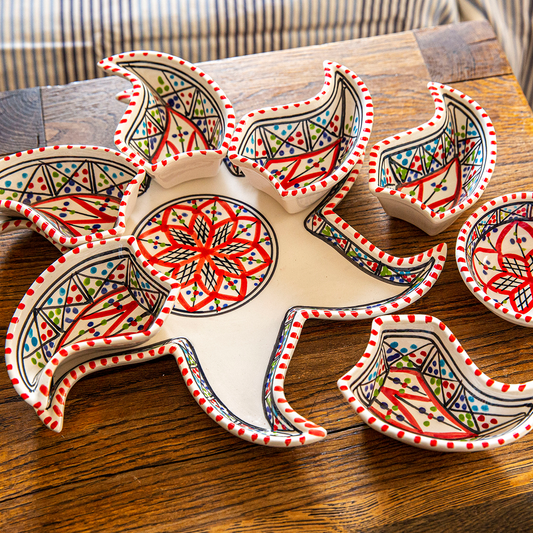 Bohemian Red Star Dipping and Serving Set - Versatile Handmade Ceramic Decor