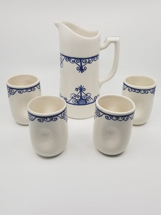 Handmade Ceramic Juice Set with 4 Mugs with Pitcher Set, Mediterranean blue