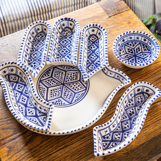 All Blue Hamsa Dipping and Serving Set - Versatile Handmade Ceramic Decor