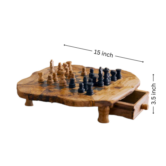 Large Handmade Olive Wood Chess Board Set with Storage Drawers for playing pieces