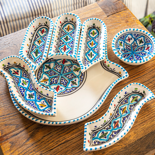 Bohemian Turquoise Hamsa Dipping and Serving Set - Versatile Handmade Ceramic Decor