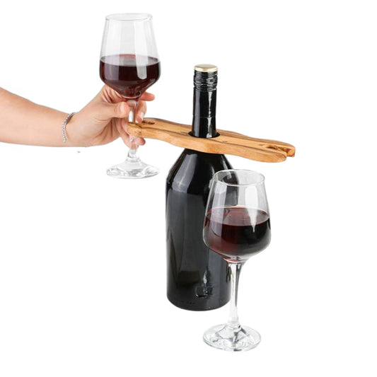 Olive Wood Wine Bottle and Wine Glasses Holder