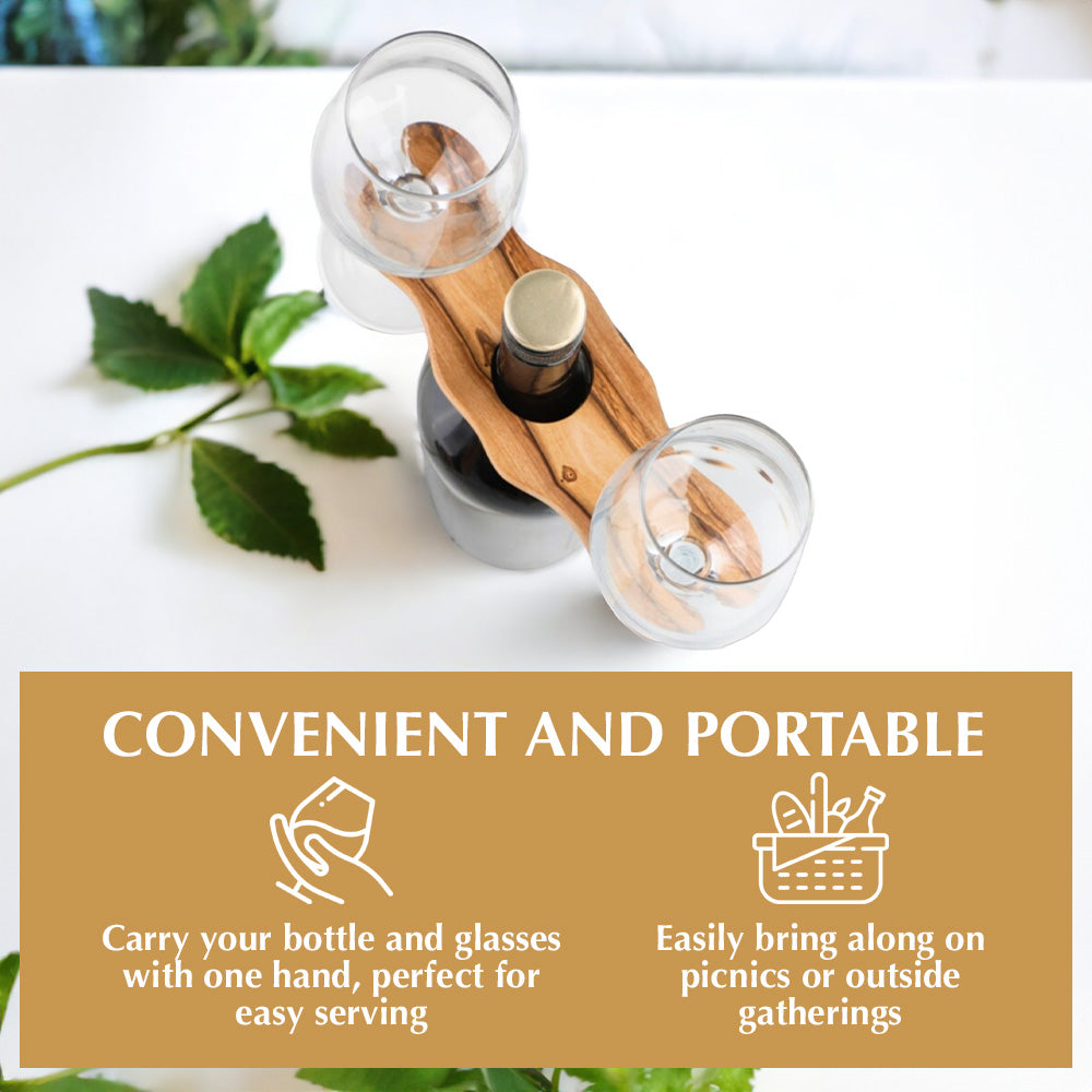 Kamsah Olive Wood Wine Bottle and Wine glasses Holder