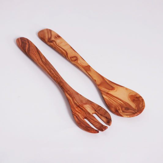 Handcrafted Olive Wood Salad Server Set – 12.5-Inch Fork and Spoon, Eco-Friendly Kitchen Utensils for Tossing & Serving Salads