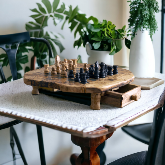 Large Handmade Olive Wood Chess Board Set with Storage Drawers for playing pieces