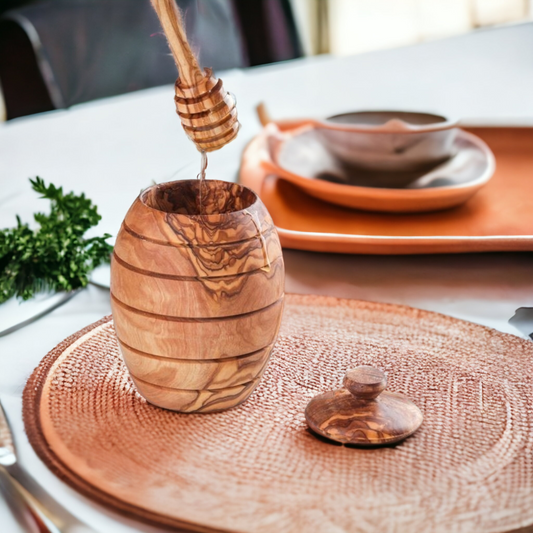 Handmade Olive Wood honey Pot Jar with Dipper Spoon