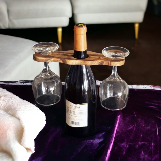 Olive Wood Wine Bottle and Wine Glasses Holder