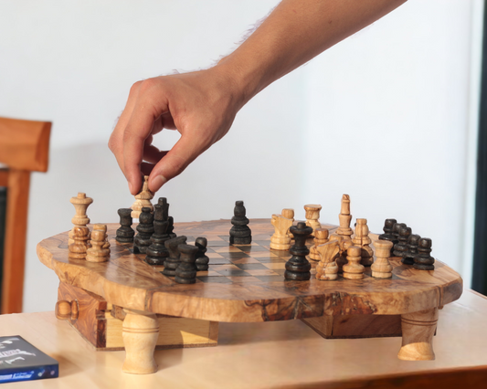 Handmade Olive Wood Chess Board with Storage Drawers - Rustic Housewarming Gift