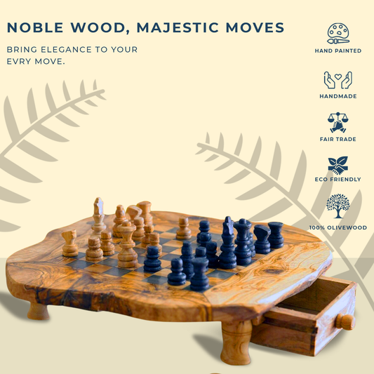 Handmade Olive Wood Chess Board with Storage Drawers - Rustic Housewarming Gift