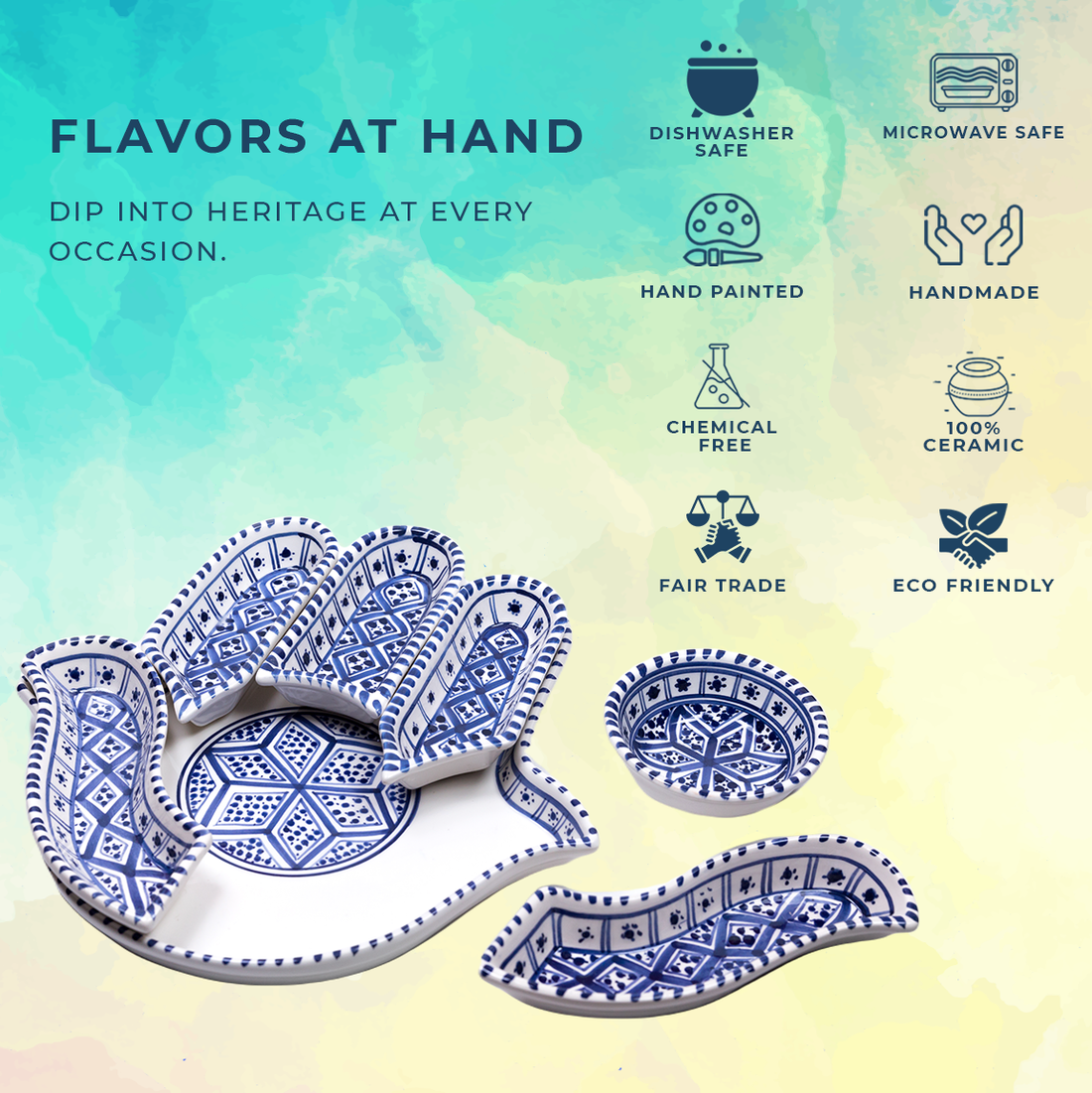 All Blue Hamsa Dipping and Serving Set - Versatile Handmade Ceramic De ...