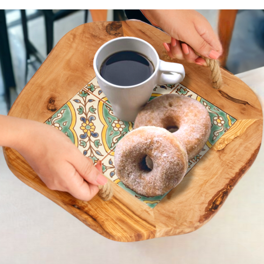 Ceramic Tile Tray with Rope Handles, Arabesque