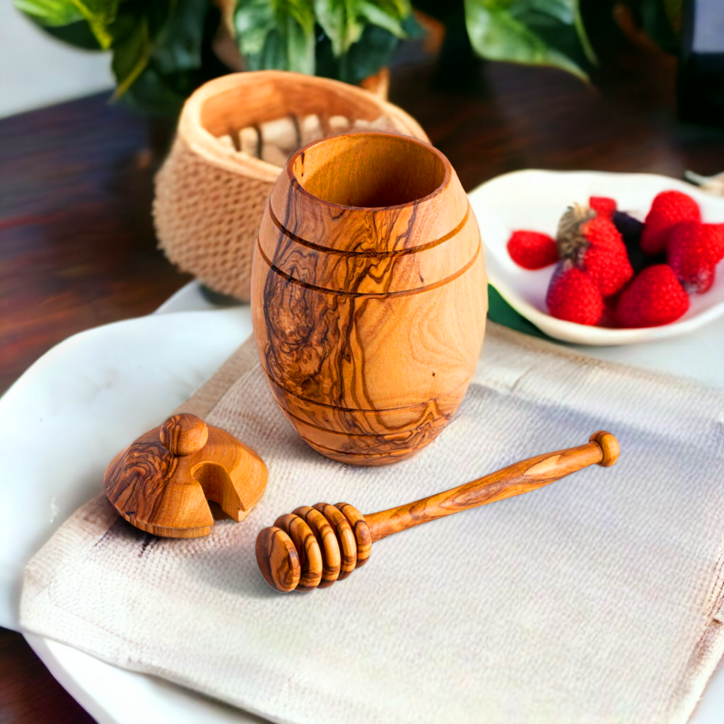 Handmade Olive Wood honey Pot Jar with Dipper Spoon – Kamsah