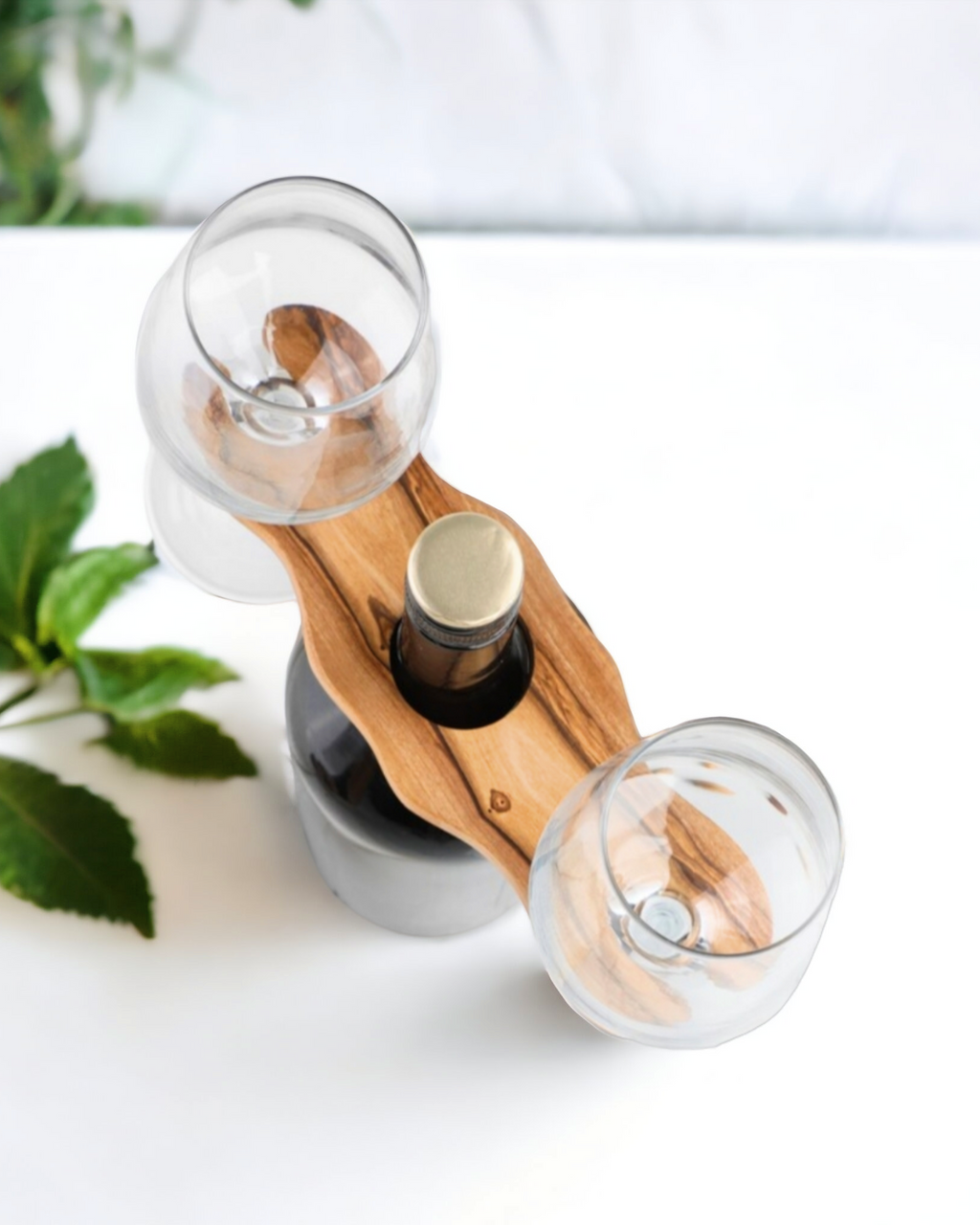 Olive Wood Wine Bottle and Wine Glasses Holder Kamsah