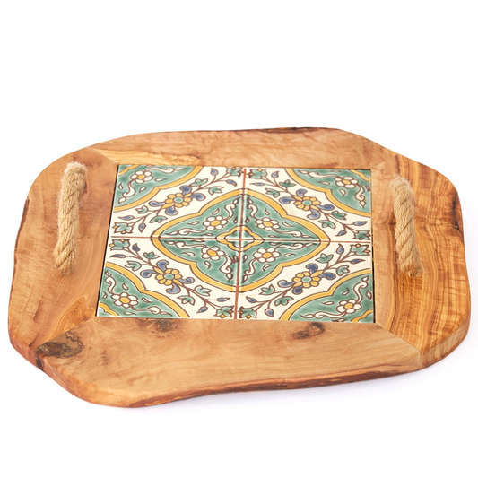 Ceramic Tile Tray with Rope Handles, Arabesque