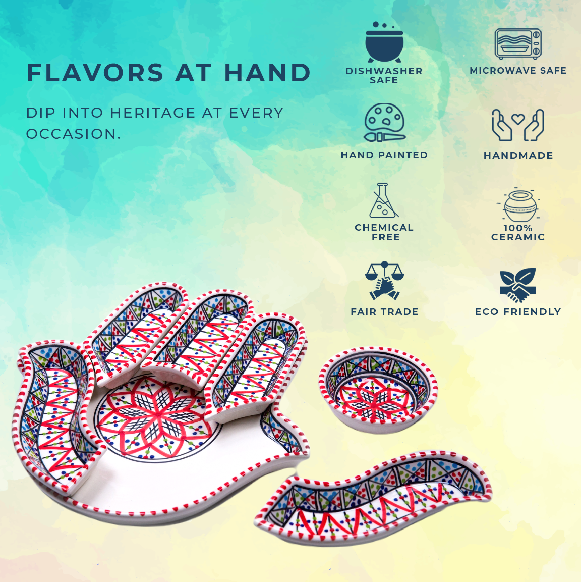 Bohemian Red Hamsa Dipping and Serving Set - Versatile Handmade