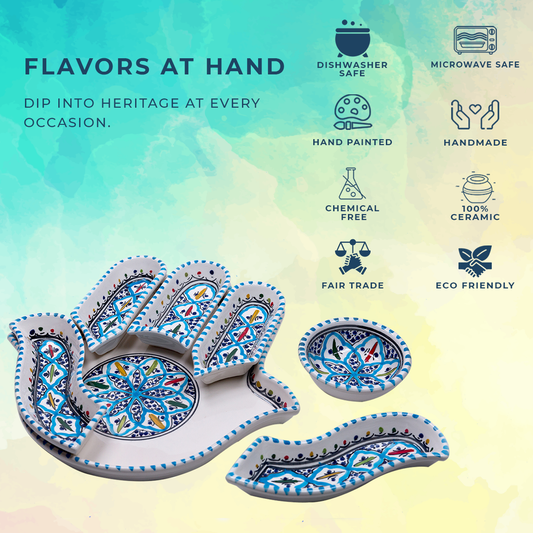 Bohemian Turquoise Hamsa Dipping and Serving Set - Versatile Handmade Ceramic Decor