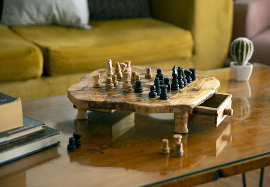 Large Handmade Olive Wood Chess Board Set with Storage Drawers for playing pieces