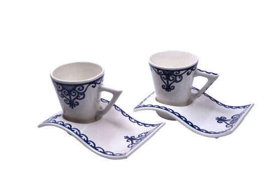 Set of 2 Mediterranean Blue Coffee/Tea Ceramic Handmade Wave mugs+ Coaster Plates