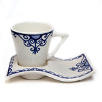 Set of 2 Mediterranean Blue Coffee/Tea Ceramic Handmade Wave mugs+ Coaster Plates